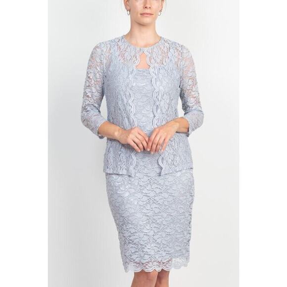 Marina Scalloped Glitter Lace Dress With Jacket Size 12 Silver Formal Wedding - Picture 1 of 9